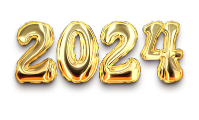 New Year 2024 Typography in 3d Metallic Gold Balloon