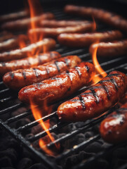 Grilled sausages on the background of grill grilles  - obrazy, fototapety, plakaty
