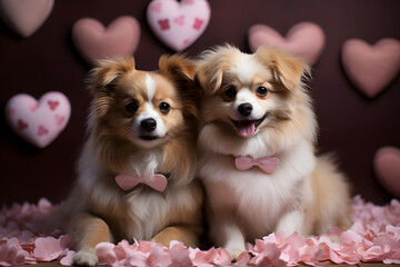 Fototapeta na wymiar Studio photogaphy of a romantic couple of dogs with heart shapes in the background. Valentine's concept. Romantic background.
