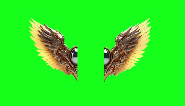 yellow and gold color angel wings on the greenscreen background, overlay.