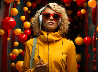 Digital girl on mobile screen. A woman wearing headphones and a yellow jacket