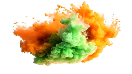 Lush Green and Vibrant Orange Clouds: Bold Contrast on white background - Colorful Smoke Display