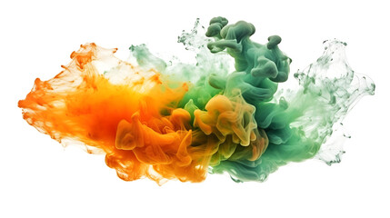 Lush Green and Vibrant Orange Clouds: Bold Contrast on white background - Colorful Smoke Display