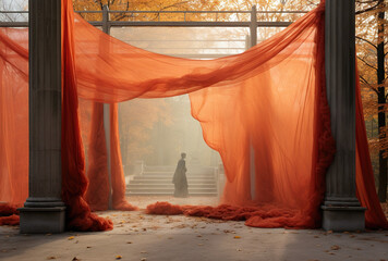 sheer orange curtains in the foggy morning park with classic columns and wandering statue