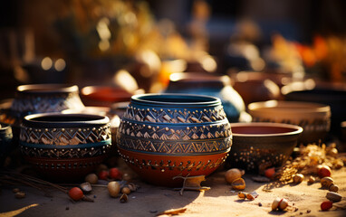 Handmade pottery in a traditional form of ceramics. A group of bowls sitting on top of a table