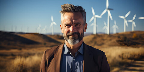 Man standing in front of wind turbine, business man, CSR, company social responsability, ecology at work, future, clean energy - obrazy, fototapety, plakaty