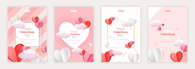 Valentine's day posters set. Paper cure red and pink hearts and realistic cli. Cute love sale banners or greeting cards. Vector illustration