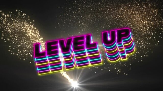 Animation of neon level up text banner over shooting star against black background