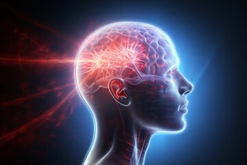 3D side image of human head with luminous brain network, electrical activity, flashes and lightning on black background. Thinking process, neural connections. Mental health, brain diseases concept.