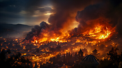 a large forest fire near a town (Generative AI)