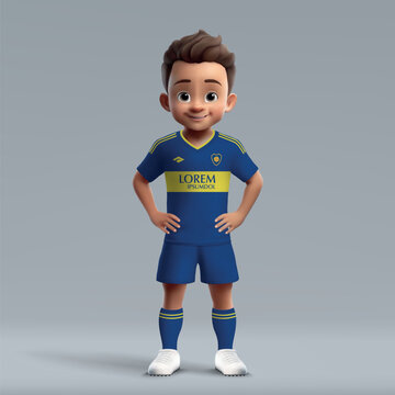 3d cartoon cute young soccer player in Boca Juniors football uniform.