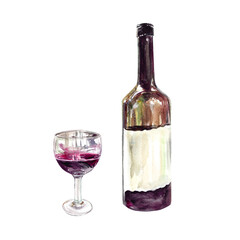 Bottle of red wine, glass goblet with wine. Watercolor illustration isolated on white background. Menus, food labels, greeting cards, invitations.