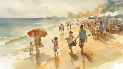 Oil painting of family on the beach - obrazy, fototapety, plakaty