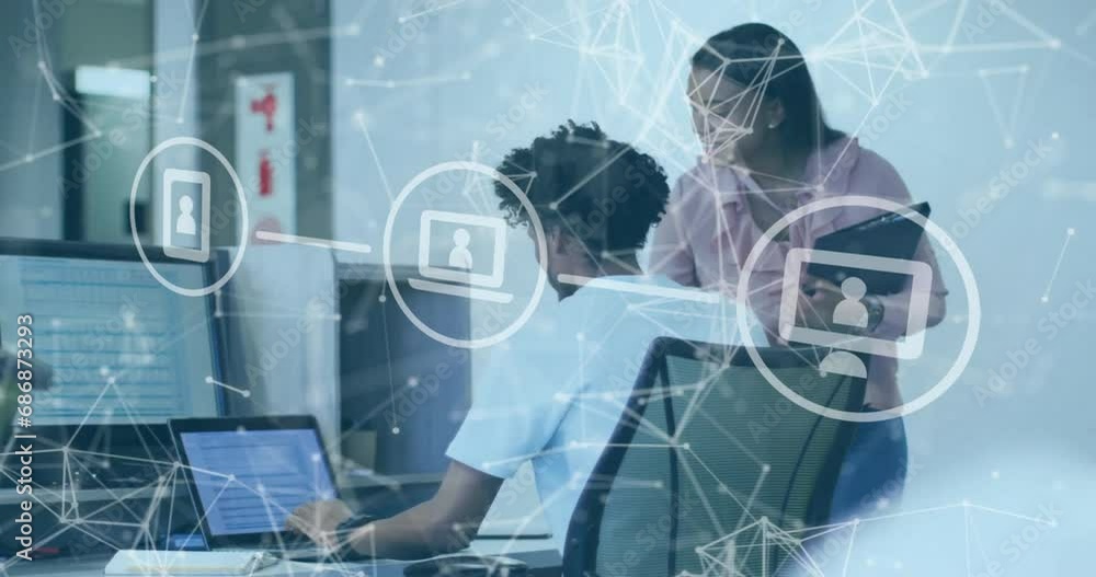 Aufkleber animation of connected dots and flowchart of icons over diverse coworkers discussing on desk