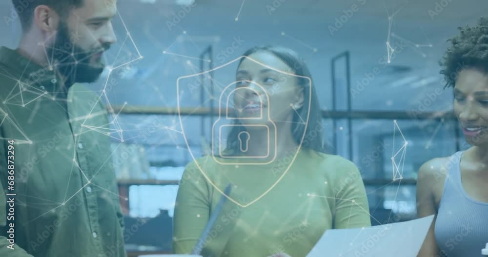 Poster animation of padlock in shield and connected dots over diverse coworkers discussing reports