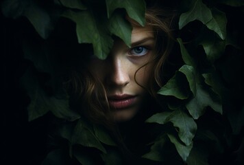 the woman hiding behind an ivy in the dark, realistic, emotive portraits, norwegian nature - obrazy, fototapety, plakaty