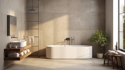 Fototapeta na wymiar Bright beige and concrete bathroom interior with sink toilet and bathtub
