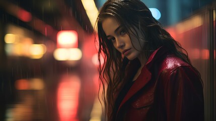 cinematic melancholic caucasian woman with long brown hair, rainy Tokyo background setting, red neon light, grainy retro style photography, minimalism. generative AI