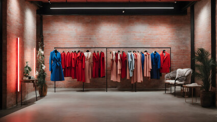 A fashion boutique interior featuring exposed brick walls adorned with red and blue neon accents, providing a chic backdrop for stylish displays.