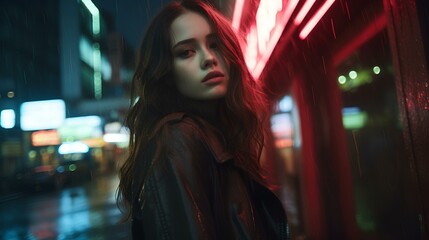 Fototapeta premium cinematic melancholic caucasian woman with long brown hair, rainy Tokyo background setting, red neon light, grainy retro style photography, minimalism. generative AI