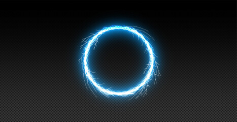 Futuristic blue glowing ring composed of small particles on a black background