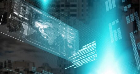 Animation of globe, loading bars and computer language over modern buildings