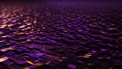 A shimmering lattice of metallic geometric shapes, lines, and angles layered over a dark purple gradient against a black background, creating an intricate and dimensional design.