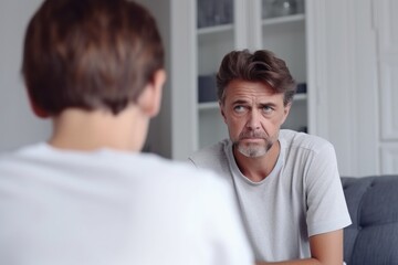 Close up guy in front and upset caucasian man behind sit at sofa to talk at home, teen son and middle aged father argument, adolescence problems, two generation conflict concept