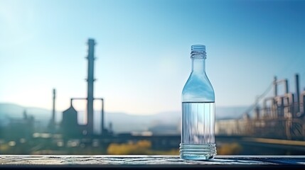 A bottle of water against the background of an industrial landscape