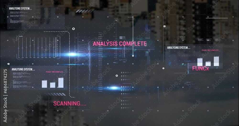 Poster animation of graphs, texts, loading bars and computer language, modern buildings against cloudy sky