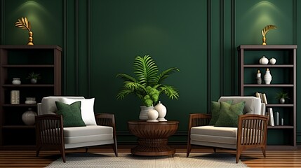 Interior design of living room with white armchairs over the dark green planks paneling wall Farmhouse style Home design