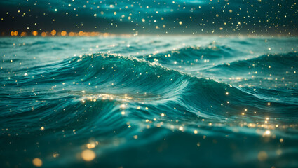 A stream of glowing teal particles in wave formations, accentuated by sparkling dots resembling stars, creating a serene and cosmic setting.