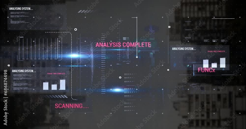 Poster animation of graphs, texts, loading bars and computer language, modern buildings against cloudy sky