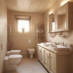 Light wooden bathroom double sink and toilet