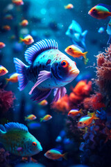 Diving with a snorkel. Colorful tropical fish in the sea. Underwater world