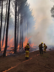 Firefighters put out forest fires. A group of firefighters standing in front of a forest fire