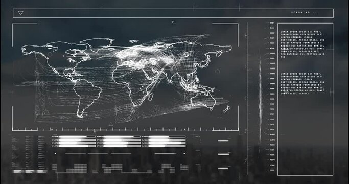 Animation of illuminated loading bars, map over modern cityscape against cloudy sky