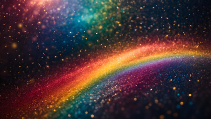 An abstract background displaying a symphony of multicolored particles in a rainbow spectrum, interspersed with sparkling dots reminiscent of stars, creating a vibrant and captivating scene.