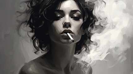A girl with a cigarette whose smoke forms a sad image