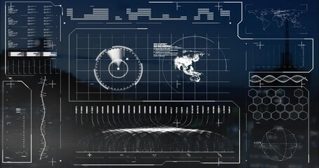 Animation of loading bars, soundwave, radar, map and globe over modern building against sky