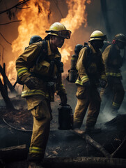 Firefighters put out forest fires environmental disaster. Firefighters put out forest fires. A group of fire fighters standing in front of a fire