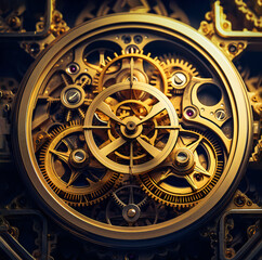 The mechanism of an unusual watch, a gold watch inside, gears