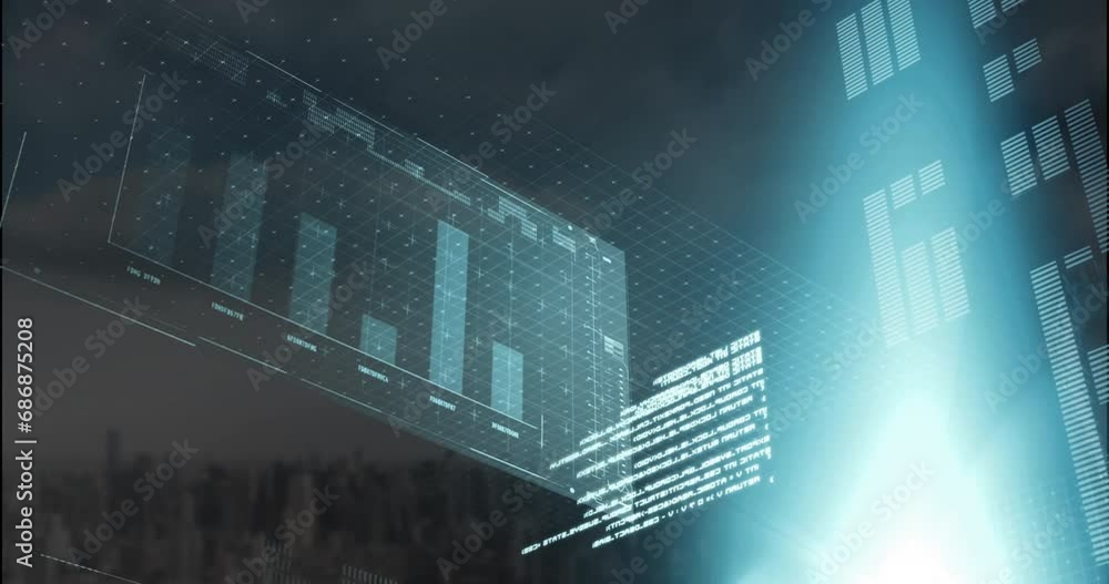 Poster animation of computer language, graphs and loading bars over modern cityscape against cloudy sky
