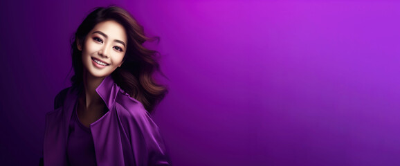 Portrait of beautiful young asian woman smiling and looking at camera on purple background