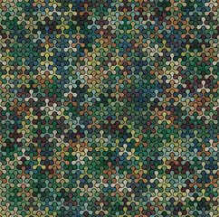 Seamless repeating pattern with interlocking shapes made of three small circles. abstract geometric background. Multicolor dotty texture. Jigsaw style retro design. Vector illustration.