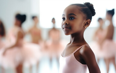 Black-skinned 7 years old ballerina in dance studio - ballet and dancer concept