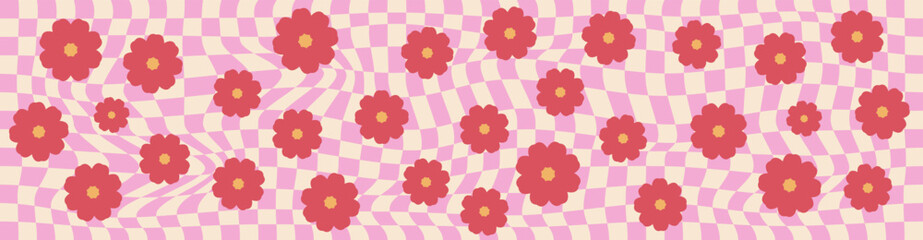 Psychedelic checkerboard, abstract groovy background in retro style with flowers