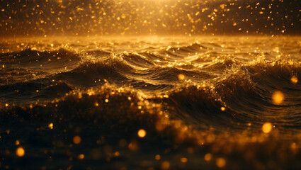 An abstract composition featuring waves of golden-hued particles in motion, accompanied by scattered shining dots, reminiscent of a celestial spectacle.