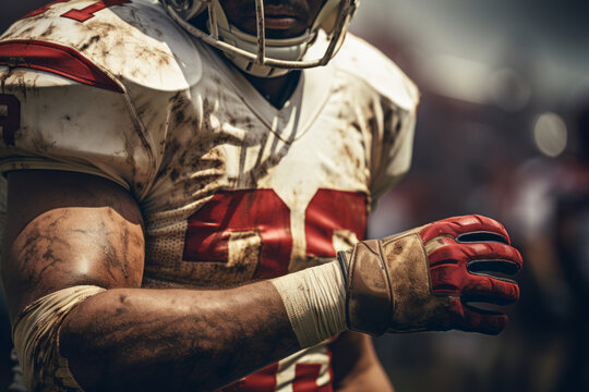 Cropped close-up portrait of muscular American football player holding the ball. A determined athlete in soiled uniform, helmet and gloves fighting for victory in the stadium field sparing no effort.