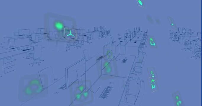 Animation of sustainable icons floating over digital workspace in office